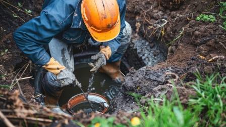 Septic tank inspection technician inspecting system