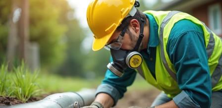 Septic tank technician performing maintenance and inspection work